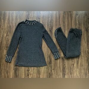 Gray Ribbed Knit Loungewear Set with Pearl Accents